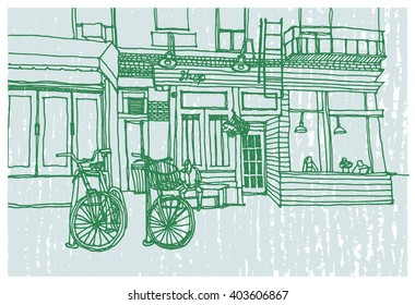 Scene street illustration. Hand drawn ink line sketch New York city,  with buildings, cafe, bicycles, cityscape  in outline style perspective view. Postcards design.