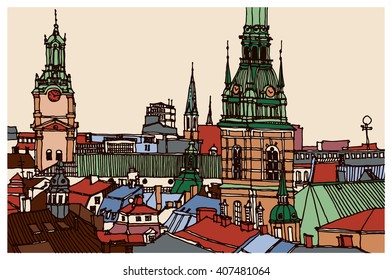 Scene street illustration. Hand drawn ink line sketch European old town Stockholm, Sweden with buildings, roofs in outline style. Ink drawing of cityscape, perspective view. Travel postcard.