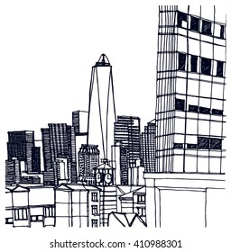 Scene street illustration. Hand drawn ink line sketch New York city, Manhattan with buildings,office,cityscape  in outline style perspective view. Postcards design.