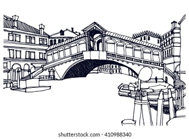 Scene street illustration. Hand drawn ink line vintage sketch European old town Venice, historical architecture with buildings, windows . Ink drawing of cityscape, perspective view. Travel postcard.