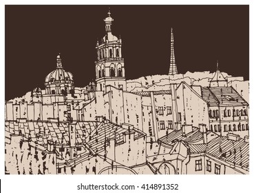 Scene street illustration. Hand drawn ink line sketch European old town, historical architecture  with buildings, roofs in outline style. Ink drawing of cityscape, perspective view. Travel postcard.