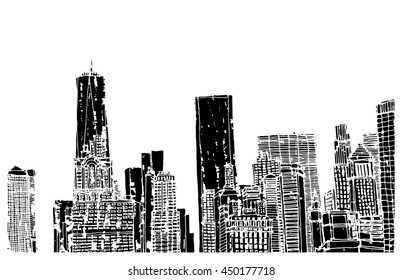 Scene street illustration. Hand drawn ink line sketch panorama of New York city, Manhattan with buildings,office,cityscape  in outline style perspective view. Postcards design.