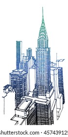 Scene street illustration. Hand drawn ink line sketch panorama of New York city, Manhattan with buildings,office,cityscape  in outline style perspective view. Postcards design.