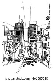 Scene street illustration. Hand drawn ink line sketch San Francisco city, America, with buildings,road, cityscape  in outline style perspective view. Postcards design.