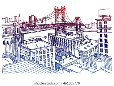 Scene street illustration. Hand drawn ink line sketch New York city, Brooklyn, Manhattan  with buildings, roofs, Williamsburg bridge, cityscape  in outline style perspective view. Postcards design.