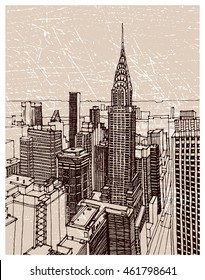 Scene street illustration. Hand drawn ink line sketch panorama of New York city, Manhattan with buildings,office,cityscape  in outline style perspective view. Postcards design.