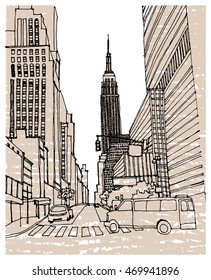 Scene street illustration. Hand drawn ink line sketch New York city,  with Empire State building, buildings, cars, cityscape  in outline style perspective view. Postcards design.