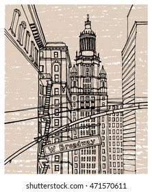 Scene street illustration. Hand drawn ink line sketch New York city,  with  buildings, signs, cityscape  in outline style perspective view. Postcards design.