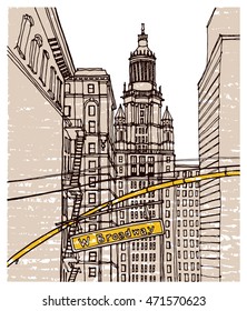 Scene street illustration. Hand drawn ink line sketch New York city,  with  buildings, signs, cityscape  in outline style perspective view. Postcards design.