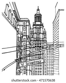 Scene street illustration. Hand drawn ink line sketch New York city,  with  buildings, signs, cityscape  in outline style perspective view. Postcards design.