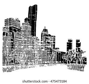 Scene street illustration. Hand drawn ink line sketch New York city, with Central park , buildings, lake, cityscape  in outline style perspective view. Postcards design. svg
