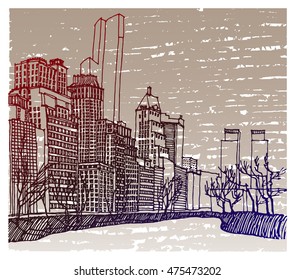 Scene street illustration. Hand drawn ink line sketch New York city, with Central park , buildings, lake, cityscape  in outline style perspective view. Postcards design.