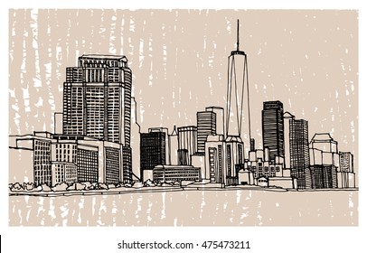 Scene street illustration. Hand drawn ink line sketch New York city,  with buildings, river, cityscape  in outline style perspective view. Postcards design.