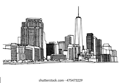 Scene street illustration. Hand drawn ink line sketch New York city,  with buildings, river, cityscape  in outline style perspective view. Postcards design.