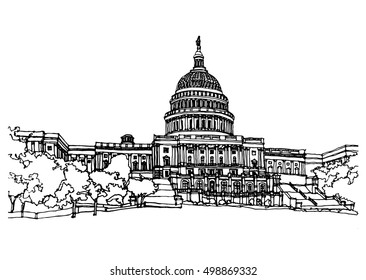 Scene street illustration. Hand drawn ink line sketch Washington city,  with buildings, cityscape, United States Capitol  in outline style perspective view. Postcards design.