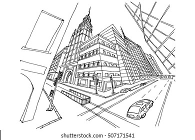 Scene street illustration. Hand drawn ink line sketch New York city, America.