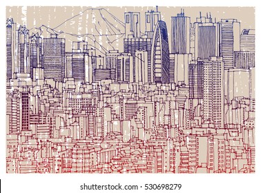 Scene street illustration. Hand drawn ink line sketch Tokyo,  Japan with buildings, skyscrapers cityscape, mountains in outline style perspective view. Postcards design