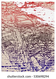 Scene street illustration. Hand drawn ink line sketch London,  United Kingdom with buildings, cityscape