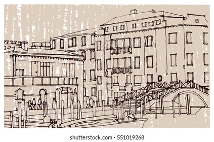Scene street illustration. Hand drawn ink line sketch European old town Venice, historical architecture with buildings, windows . Ink drawing of cityscape, perspective view. Travel postcard.