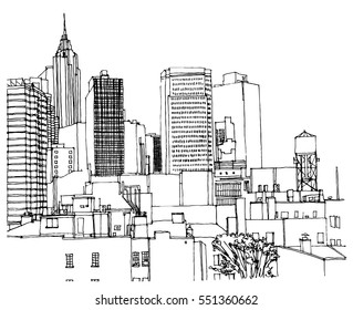 Scene Street Illustration. Hand Drawn Ink Line Sketch New York City, With Buildings, Windows, Cityscape  In Outline Style Perspective View. Postcards Design.