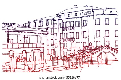 Scene street illustration. Hand drawn ink line sketch European old town Venice, historical architecture with buildings, windows . Ink drawing of cityscape, perspective view. Travel postcard.