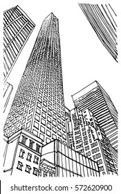 Scene street illustration. Hand drawn ink line sketch New York city, with buildings, skyscrapers, windows, cityscape  in outline style perspective view. Postcards design.