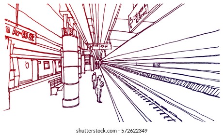 Scene street illustration. Hand drawn ink line sketch New York city, with underground station, columns,  cityscape  in outline style perspective view. Postcards design.