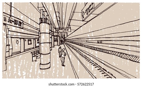 Scene street illustration. Hand drawn ink line sketch New York city, with underground station, columns,  cityscape  in outline style perspective view. Postcards design.