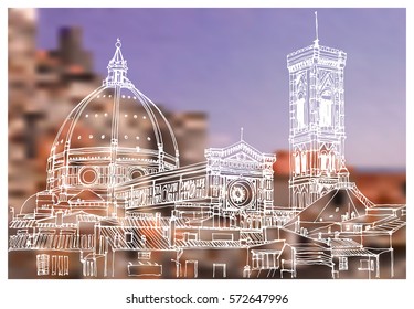 Scene street illustration. Hand drawn ink line sketch European old town Florence, historical architecture with buildings, windows . Ink drawing of cityscape, perspective view. Travel postcard.