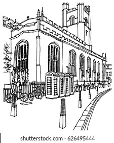 Scene street illustration. Hand drawn ink line sketch European old town Cambridgeshire,England. historical architecture with buildings. Ink drawing of cityscape, perspective view. Travel postcard.
