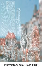 Scene street illustration. Hand drawn ink line sketch New York city, USA with buildings, windows, cityscape, people, cars  in outline style perspective view. Postcards design.