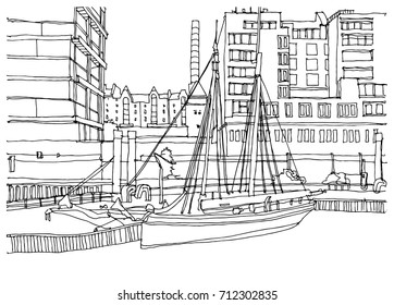 Scene street illustration. Hand drawn ink line sketch European old town, Hamburg, Germany  with buildings, ships in outline style. Ink drawing of cityscape, perspective view. Travel postcard.