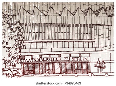 Scene street illustration. Hand drawn ink line sketch European old town Berlin, Germany  with buildings, roofs in outline style. Ink drawing of cityscape, perspective view. Travel postcard.