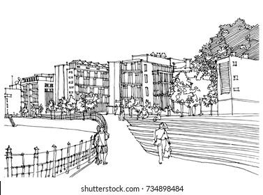 Scene street illustration. Hand drawn ink line sketch European old town Berlin, Germany  with buildings, roofs in outline style. Ink drawing of cityscape, perspective view. Travel postcard.