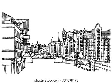 Scene street illustration. Hand drawn ink line sketch European old town, Hamburg, Germany  with buildings, ships in outline style. Ink drawing of cityscape, perspective view. Travel postcard.