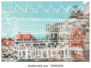Scene street illustration. Hand drawn ink line sketch European old town Berlin, Germany  with buildings, roofs in outline style. Ink drawing of cityscape, perspective view. Travel postcard.