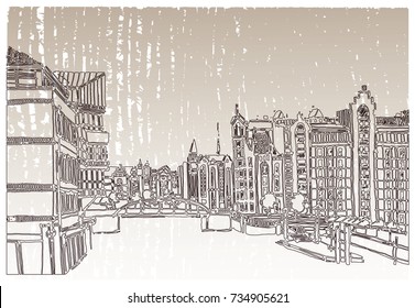 Scene street illustration. Hand drawn ink line sketch European old town, Hamburg, Germany  with buildings, ships in outline style. Ink drawing of cityscape, perspective view. Travel postcard.