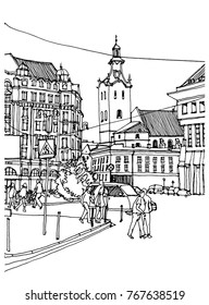 Scene street illustration. Hand drawn ink line sketch European old town, historical architecture  with buildings, roofs in outline style. Ink drawing of cityscape, perspective view. Travel postcard.
