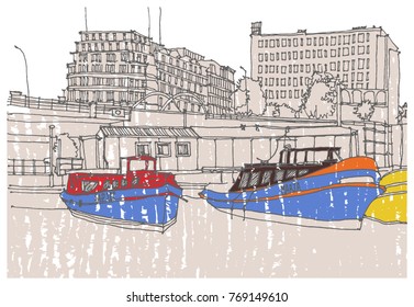 Scene street illustration. Hand drawn ink line sketch European old town, Hamburg, Germany  with buildings, ships in outline style. Ink drawing of cityscape, perspective view. Travel postcard.