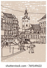 Scene street illustration. Hand drawn ink line sketch European old town, historical architecture  with buildings, roofs in outline style. Ink drawing of cityscape, perspective view. Travel postcard.