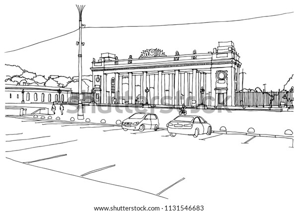Scene street\
illustration. Hand drawn ink line sketch Moscow,  Russian\
Federation with buildings, street cityscape, cars in outline style\
perspective view. Postcards\
design.