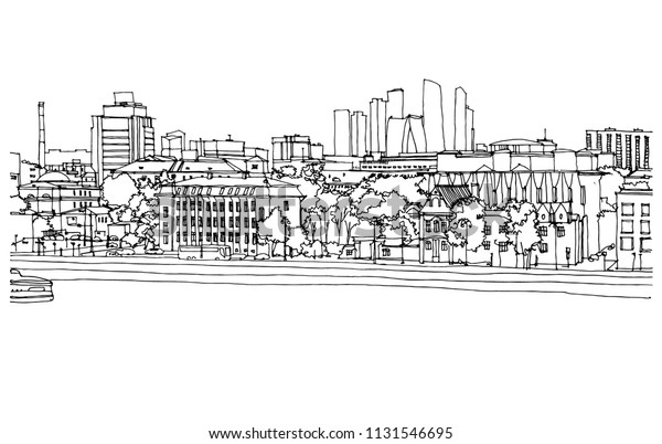 Scene street\
illustration. Hand drawn ink line sketch Moscow,  Russian\
Federation with buildings, street cityscape, river in outline style\
perspective view. Postcards\
design.
