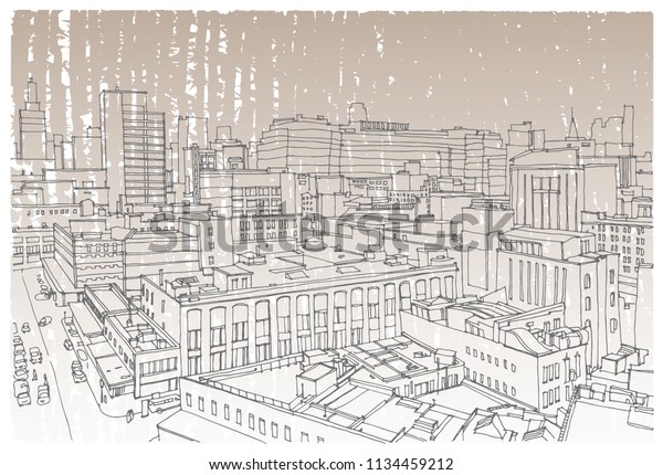 Scene street\
illustration. Hand drawn ink line sketch panorama New York city,\
Manhattan  with buildings,construction, streets in outline style\
perspective view. Postcards\
design.