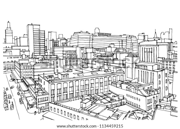 Scene street
illustration. Hand drawn ink line sketch panorama New York city,
Manhattan  with buildings,construction, streets in outline style
perspective view. Postcards
design.