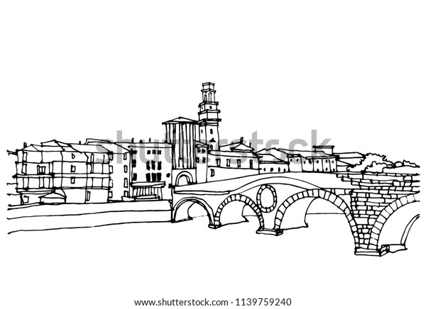 シーンストリートのイラスト 手描きのインクラインスケッチ イタリア ヨーロッパの古い町ベローナ 建物 窓 橋 都市の景観のインク描画 パースビュー 旅行はがき のベクター画像素材 ロイヤリティフリー