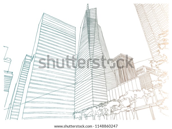 Scene street\
illustration. Hand drawn ink line sketch Chicago, USA with\
buildings, windows, cityscape, people, cars  in outline style\
perspective view. Postcards\
design.