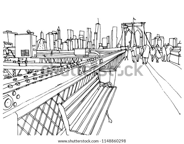 Scene street illustration. Hand drawn ink line\
sketch New York city, USA with buildings, cityscape, people, cars \
in outline style perspective view. Panorama perspective postcards\
design.