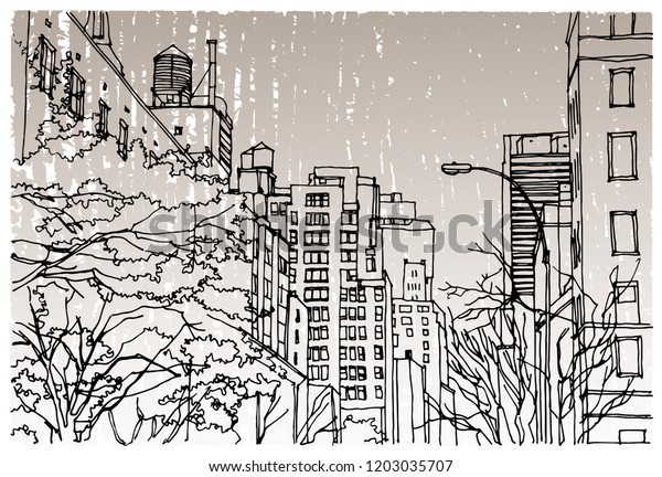 Scene street illustration. Hand drawn ink line\
sketch New York city, USA with buildings, windows, cityscape,\
people, cars  in outline style perspective view. Panorama\
perspective postcards\
design.