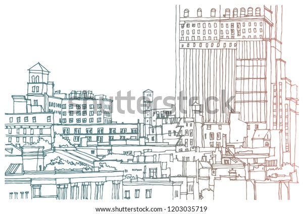 Scene street illustration. Hand drawn ink line
sketch New York city, USA with buildings, windows, cityscape,
people, cars  in outline style perspective view. Panorama
perspective postcards
design.