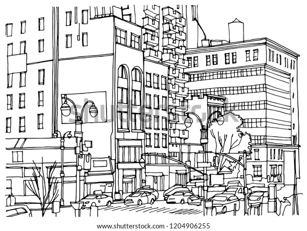 Scene street illustration. Hand drawn ink line\
sketch New York city, USA with buildings, windows, cityscape,\
people, cars  in outline style perspective view. Panorama\
perspective postcards\
design.